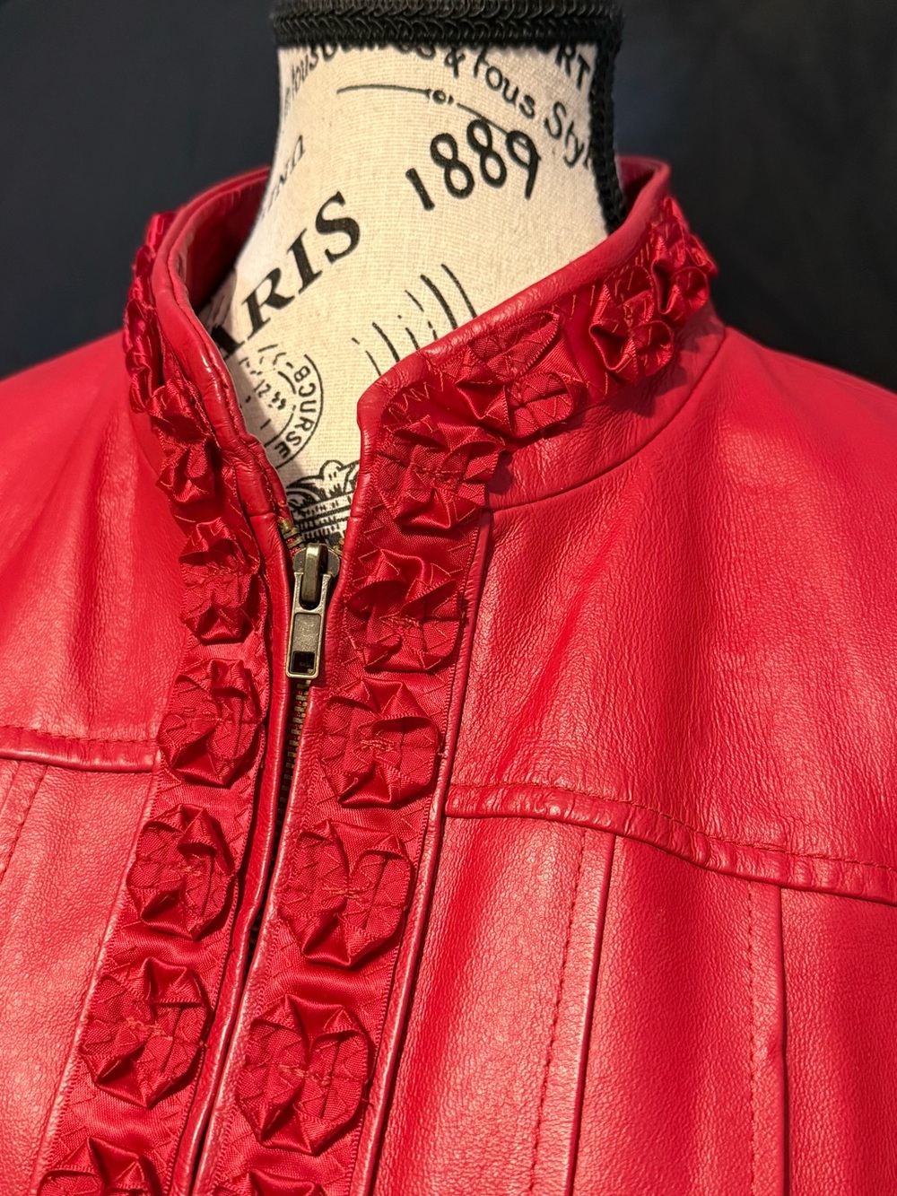 Vintage Nygard Red Leather Zip-Front Jacket with Rosette Floral Trim